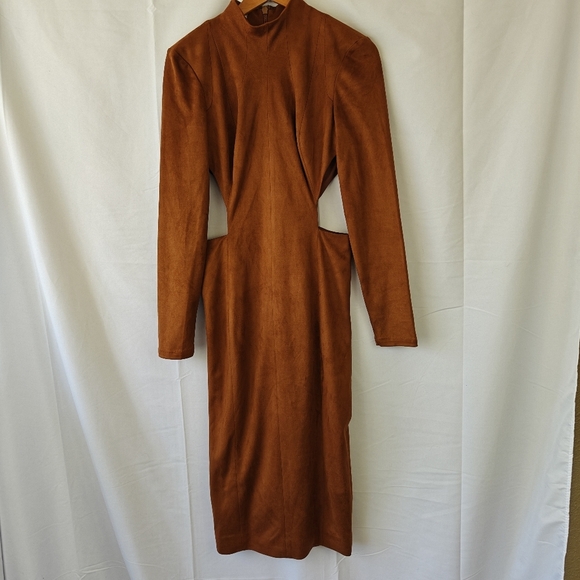 House Of CB London Brown Suede Midi Dress High Neck Cutout Slit Size Small - Picture 5 of 16
